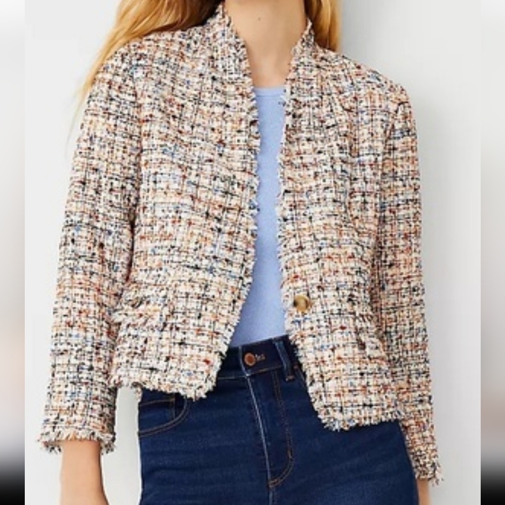 Amn Taylor Autumn Tweed Fringe Button Blazer Jacket